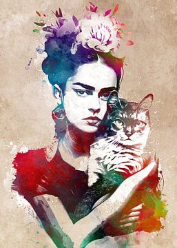Frida en kat grafische kunst van JBJart Justyna Jaszke