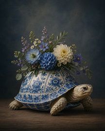 Tortue en faïence de Delft décorée de fleurs
