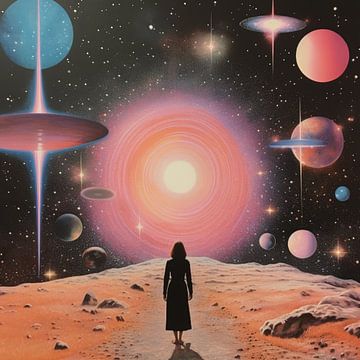 Een figuur staat onder een kosmische hemel van Samantha Hearn