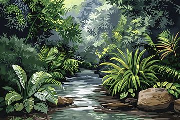 Impressionistische rivier in jungle van Art & Soul Creations