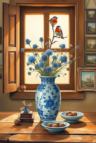Vase bleu de Delft avec des merles - Nature morte à la lumière d'une fenêtre