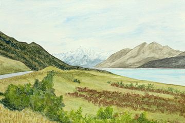 Der Weg zum Mount Cook Neuseeland (Naturreise realistische Aquarellmalerei Landschaft Berge) von Natalie Bruns