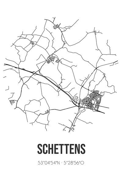 Schettens (Fryslan) | Landkaart | Zwart-wit van Stad & Wand