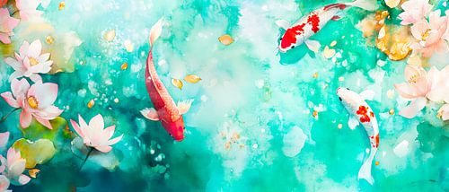Koi en waterlelies in een kleurenspel