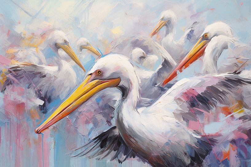 Pelikane, die ein Selfie machen | Abstrakte Kunst von Blickfänger Gemälde