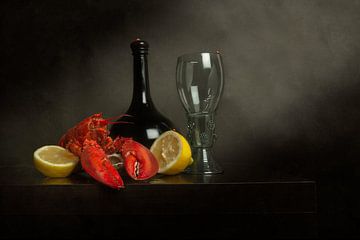 still life with lobster lemon belly bottle and rummer glass by Sander Van Laar