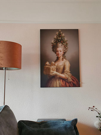 Rococo Christmas portrait with gold present and Christmas tree hairdo