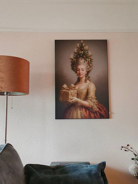Rococo Christmas portrait with gold present and Christmas tree hairdo