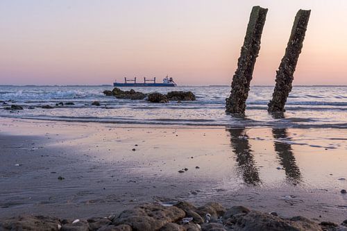 Schip passeert strand met palen
