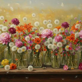 Nature morte, fleurs de champ dans des vases, peinture à l'huile sur By Marjolein Design