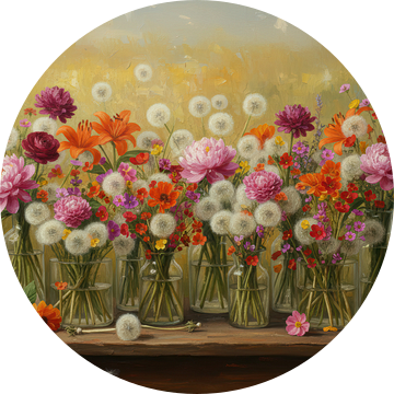 Stilleven veldbloemen in vazen, olieverf