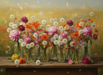 Still life field flowers in vases, oil paint