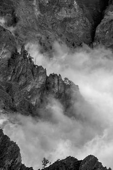 Rugged volcanic rocks in the mist – Black-and-white mountains of La Palma