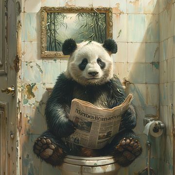 Relaxed panda reads newspaper in the bathroom by Felix Brönnimann