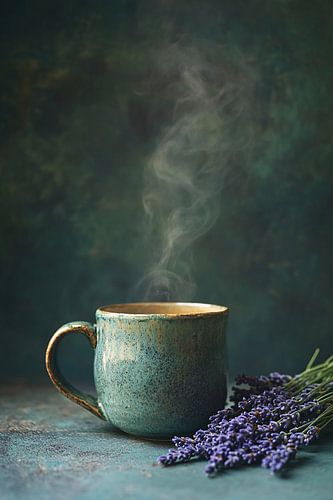 Rustieke mok met lavendelbloemen