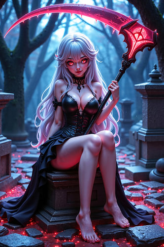 Dark Fantasy Anime Wandbild: MORTESSYRA – Sexy Anime Grim Reaper Girl ist mit ihrer Sense auf dem Friedhof von INFERAURUM - Dark Fantasy Wall Art