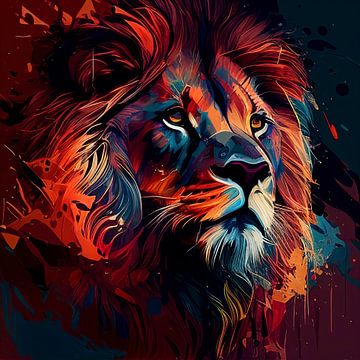 Portrait abstrait d'un lion dans les tons rouges sur Harvey Hicks