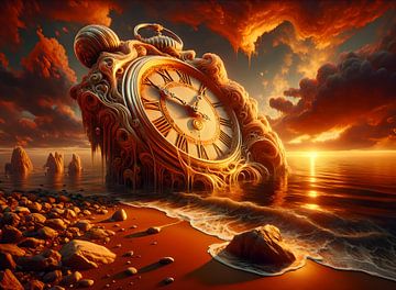 Surreales Bild einer altmodischen Uhr am Strand bei Sonnenuntergang von Eye on You