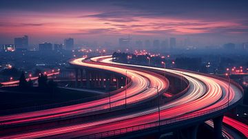 Time-lapse car light trails on the city street at night with skyline in the background by Animaflora PicsStock