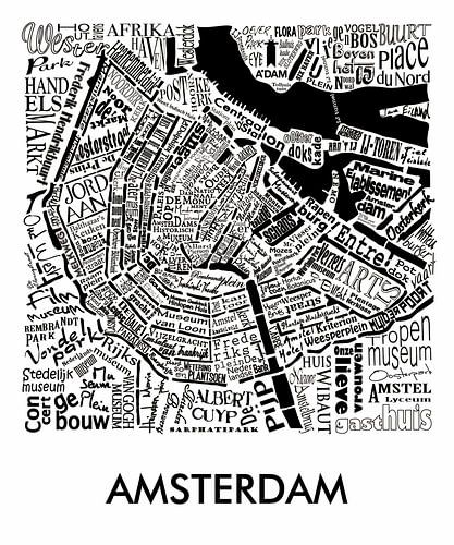 Carte d'Amsterdam en mots avec la tour A'dam