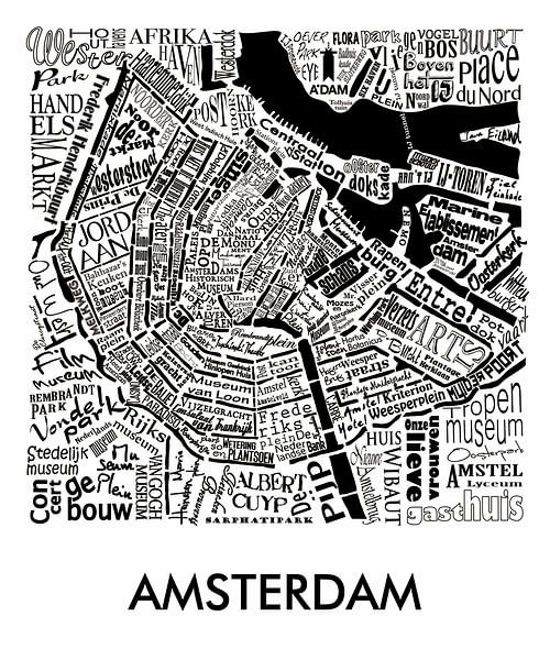 Carte d'Amsterdam en mots avec la tour A'dam par Muurbabbels Typographic Design