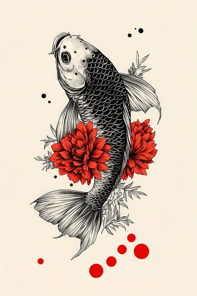 Koi fish with red flowers - Elegant by Poster Art Shop