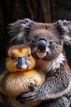 Koala en eend knuffelen in de natuur van Art & Soul Creations