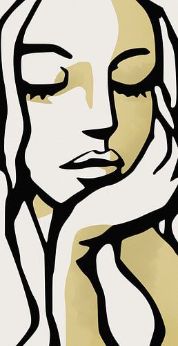 Minimalist line portrait of a woman in black, cream and gold – modern abstract wall art by Emiel de Lange