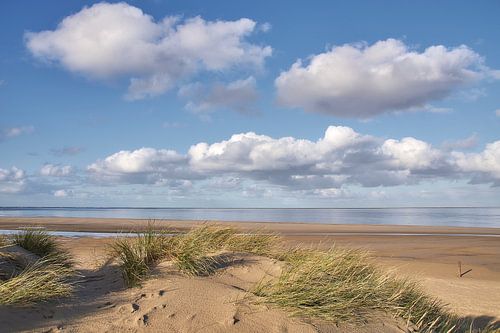 Zeezicht met wolkenlucht vanuit de duinen, op Texel