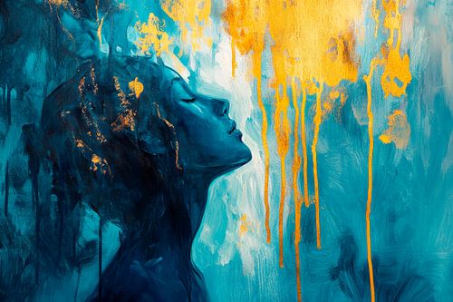 Silhouet van een vrouw in blauw en goud