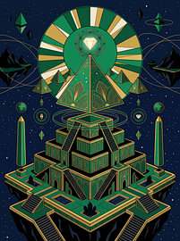 Isometrische kosmische piramidetempel – heilige geometrie – zonnestraal – grafische illustratie van The Deeper Way