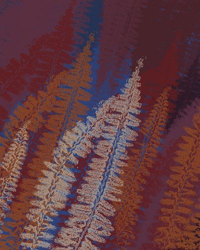 Terra, wijnrode, kobaltblauwe varens I. Moderne botanische kunst.