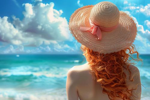 woman with hat looks at the sea