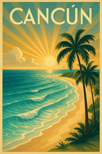 Cancún Zonsopgang Sereniteit - Art Deco Caraïbische Kust Poster