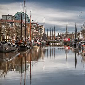 Le canal de la ville de Leeuwarden, Willemskade, par une journée d'hiver sans vent. sur Harrie Muis