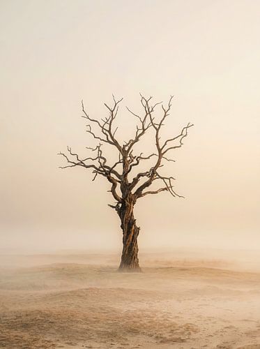 Ein einsamer Baum in einer nebligen Landschaft
