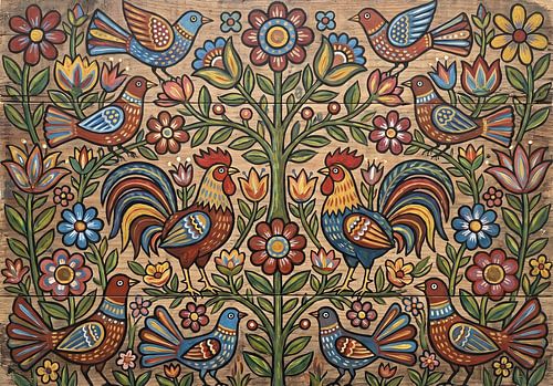 Traditionele volkskunst: schilderijen met hanen en vogels op hout