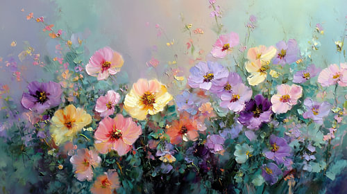 Wilde bloemen pastel roze geel en paars panorama