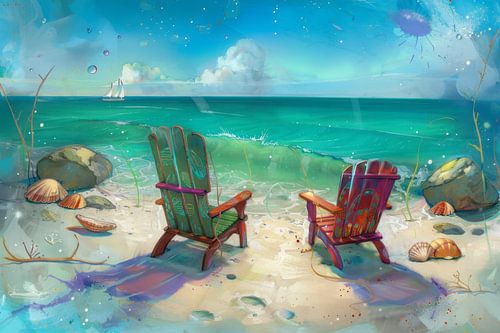 Colourful painting with two chairs on the beach