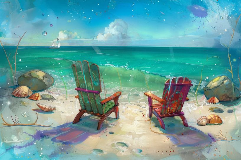 Buntes Gemälde mit zwei Stühlen am Strand von Peter Pen Zeichnungen und Gemälde