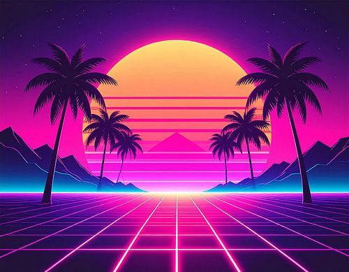 Retro sunset and mountains