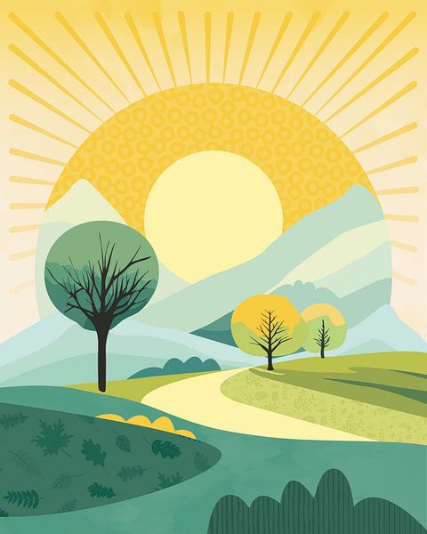 Drie bomen in de zon minimalistisch landschap