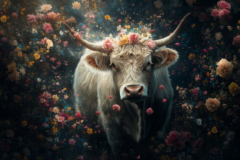 Enchanted Flower Crown - Cow in a Dream of Flowers by Eva Lee
