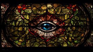 Vitrail. Oeil et feuilles.