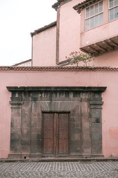 Pink buildings in Tenerife | Old brown door photo print | Spain travel photography by HelloHappylife