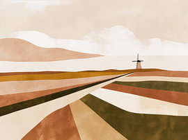 Dutch fields with a wind turbine on the horizon by Lina van Oers