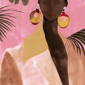 Abstract portrait of a woman with large earrings and a pink background by Carla Van Iersel