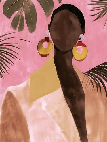 Abstraktes Porträt einer Frau mit großen Ohrringen und rosa Hintergrund von Carla Van Iersel