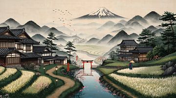 Beschauliche japanische Landschaft mit dem Berg Fuji und dem roten Torii-Tor von febri anto