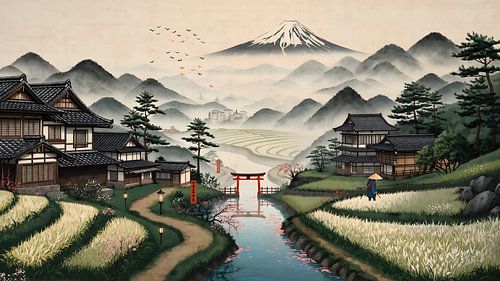 Tranquil Japanese Countryside with Mount Fuji and Red Torii Gate